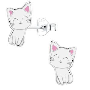 Sterling Silver Cat Stud Earrings White